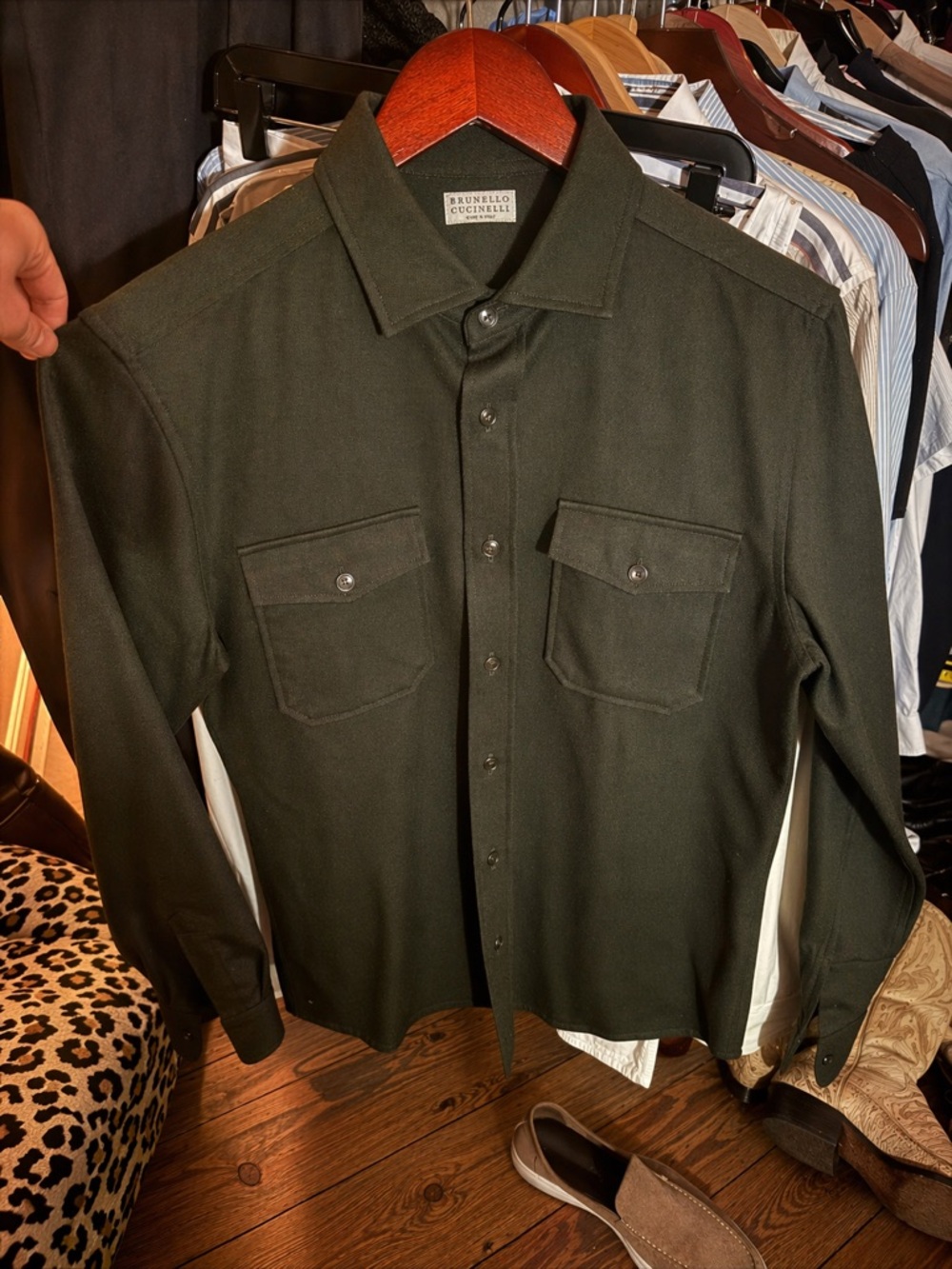 Brunello Cucinelli Dark Olive Green Military-Style Shirt